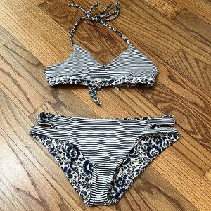 reversible navy floral and strip bikini
